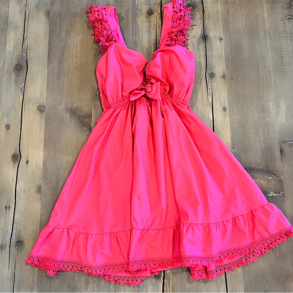 Peixoto Anthropologie Vibrant Pink Babydoll Mini Dress with Lace Details